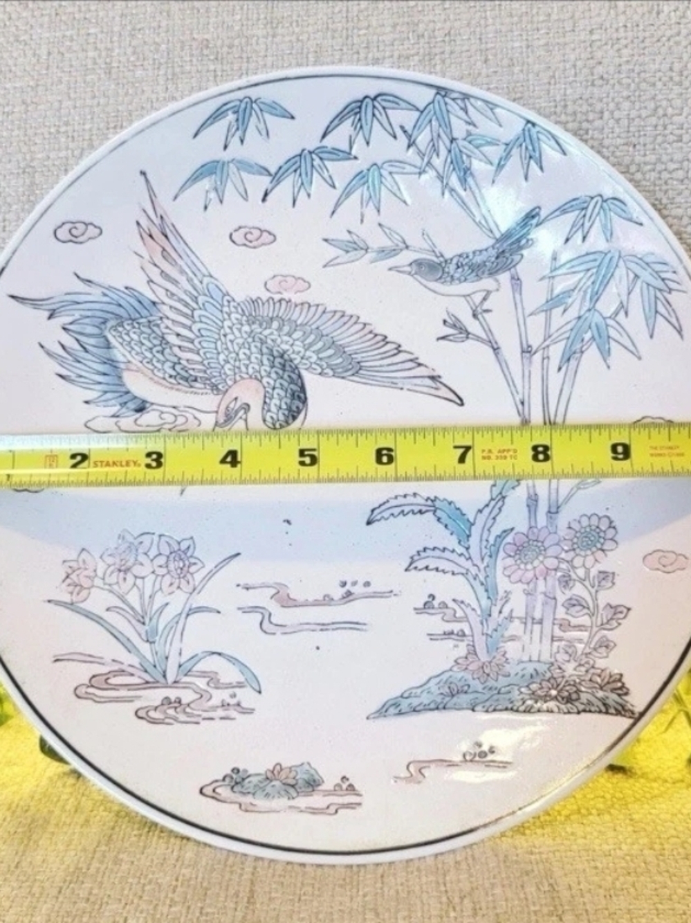 Decorative Porcelain Plate with Crane & Bamboo Motif - Pale Blue and Pink - Picture 1 of 3